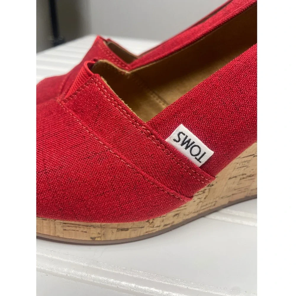 TOMS Classic Canvas Red Open Toe Espadille Cork Wedge Women's 9